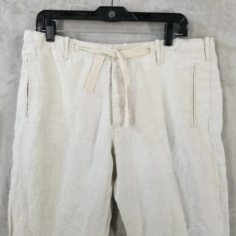 Perry Ellis Pants Mens 35 Beige 100% Linen Drawstring Flat Front Casual Resort